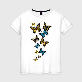 Женская футболка хлопок с принтом Полет бабочки в Екатеринбурге, 100% хлопок | прямой крой, круглый вырез горловины, длина до линии бедер, слегка спущенное плечо | бабочки | животные | насекомые | полет бабочки