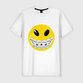 Мужская футболка премиум с принтом Смайл с брекетами в Екатеринбурге, 92% хлопок, 8% лайкра | приталенный силуэт, круглый вырез ворота, длина до линии бедра, короткий рукав | smile | брекеты | зубы | смайл | смайлик | улыбка