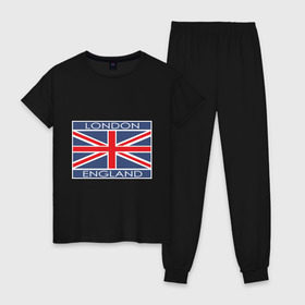 Женская пижама хлопок с принтом London - Лондон с флагом Англии в Екатеринбурге, 100% хлопок | брюки и футболка прямого кроя, без карманов, на брюках мягкая резинка на поясе и по низу штанин | лондон