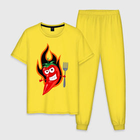 Мужская пижама хлопок с принтом Горячий перец (red hot pepper) в Екатеринбурге, 100% хлопок | брюки и футболка прямого кроя, без карманов, на брюках мягкая резинка на поясе и по низу штанин
 | red hot pepper | горячий перец | огонек | огонь | перец | перчик