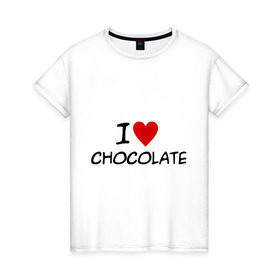 Женская футболка хлопок с принтом Chocolate в Екатеринбурге, 100% хлопок | прямой крой, круглый вырез горловины, длина до линии бедер, слегка спущенное плечо | chocolate | i love | вкуснятина | конфеты | люблю шоколад | сладкое | сладкоежка | сладости | шоколад | шоколадный