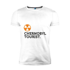 Мужская футболка премиум с принтом Chernobyl tourist в Екатеринбурге, 92% хлопок, 8% лайкра | приталенный силуэт, круглый вырез ворота, длина до линии бедра, короткий рукав | Тематика изображения на принте: chernobyl tourist | аэс | радиация | турист | чернобыль