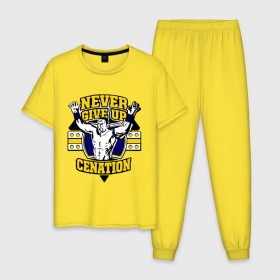 Мужская пижама хлопок с принтом WWE John Cena Never Give Up (3) в Екатеринбурге, 100% хлопок | брюки и футболка прямого кроя, без карманов, на брюках мягкая резинка на поясе и по низу штанин
 | Тематика изображения на принте: джон сина