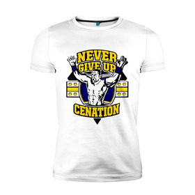 Мужская футболка премиум с принтом WWE John Cena Never Give Up (3) в Екатеринбурге, 92% хлопок, 8% лайкра | приталенный силуэт, круглый вырез ворота, длина до линии бедра, короткий рукав | Тематика изображения на принте: джон сина