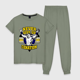 Женская пижама хлопок с принтом WWE John Cena Never Give Up (3) в Екатеринбурге, 100% хлопок | брюки и футболка прямого кроя, без карманов, на брюках мягкая резинка на поясе и по низу штанин | джон сина