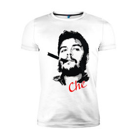 Мужская футболка премиум с принтом Че Гевара с сигарой в Екатеринбурге, 92% хлопок, 8% лайкра | приталенный силуэт, круглый вырез ворота, длина до линии бедра, короткий рукав | Тематика изображения на принте: che | guevara | гевара | куба | личность | революция | че