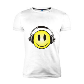Мужская футболка премиум с принтом Смайл в наушниках (2) в Екатеринбурге, 92% хлопок, 8% лайкра | приталенный силуэт, круглый вырез ворота, длина до линии бедра, короткий рукав | Тематика изображения на принте: smile | смайл | смайлик | улыбка | шаушники