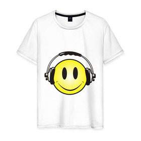 Мужская футболка хлопок с принтом Смайл в наушниках (2) в Екатеринбурге, 100% хлопок | прямой крой, круглый вырез горловины, длина до линии бедер, слегка спущенное плечо. | Тематика изображения на принте: smile | смайл | смайлик | улыбка | шаушники