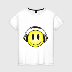 Женская футболка хлопок с принтом Смайл в наушниках (2) в Екатеринбурге, 100% хлопок | прямой крой, круглый вырез горловины, длина до линии бедер, слегка спущенное плечо | Тематика изображения на принте: smile | смайл | смайлик | улыбка | шаушники