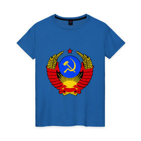 Женская футболка хлопок с принтом СССР (5) в Екатеринбурге, 100% хлопок | прямой крой, круглый вырез горловины, длина до линии бедер, слегка спущенное плечо | герб | коммунизм | молот | серп | советский | союз | ссср