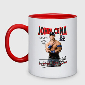 Кружка двухцветная с принтом John Cena Extreme Rules в Екатеринбурге, керамика | объем — 330 мл, диаметр — 80 мм. Цветная ручка и кайма сверху, в некоторых цветах — вся внутренняя часть | Тематика изображения на принте: джон сина