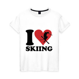 Женская футболка хлопок с принтом I love skiing - Я люблю кататься на лыжах в Екатеринбурге, 100% хлопок | прямой крой, круглый вырез горловины, длина до линии бедер, слегка спущенное плечо | Тематика изображения на принте: i love | love skiing | зима | зимние виды спорта | каткться | лыжи | лыжник | люблю лыжи