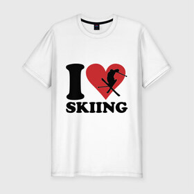 Мужская футболка премиум с принтом I love skiing - Я люблю кататься на лыжах в Екатеринбурге, 92% хлопок, 8% лайкра | приталенный силуэт, круглый вырез ворота, длина до линии бедра, короткий рукав | i love | love skiing | зима | зимние виды спорта | каткться | лыжи | лыжник | люблю лыжи