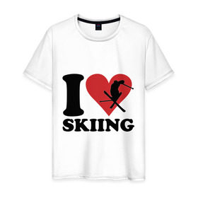 Мужская футболка хлопок с принтом I love skiing - Я люблю кататься на лыжах в Екатеринбурге, 100% хлопок | прямой крой, круглый вырез горловины, длина до линии бедер, слегка спущенное плечо. | Тематика изображения на принте: i love | love skiing | зима | зимние виды спорта | каткться | лыжи | лыжник | люблю лыжи