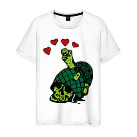 Мужская футболка хлопок с принтом Turtle `s Love в Екатеринбурге, 100% хлопок | прямой крой, круглый вырез горловины, длина до линии бедер, слегка спущенное плечо. | Тематика изображения на принте: turtles love | каска | любовь | черепаха | черепашка | черепашки