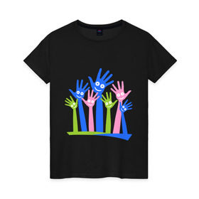 Женская футболка хлопок с принтом Hands Up в Екатеринбурге, 100% хлопок | прямой крой, круглый вырез горловины, длина до линии бедер, слегка спущенное плечо | glow | hands | up | вверх | руки | светяться | светящиеся | стетиться