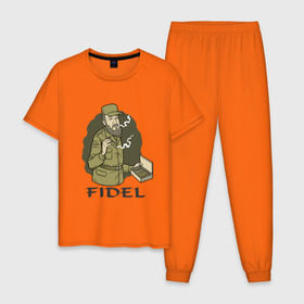 Мужская пижама хлопок с принтом Fidel Castro - Фидель Кастро в Екатеринбурге, 100% хлопок | брюки и футболка прямого кроя, без карманов, на брюках мягкая резинка на поясе и по низу штанин
 | Тематика изображения на принте: castro | cuba | fidel | кастро | куба | лидер | фидель