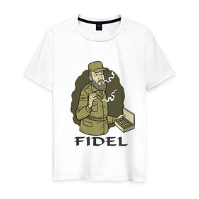 Мужская футболка хлопок с принтом Fidel Castro - Фидель Кастро в Екатеринбурге, 100% хлопок | прямой крой, круглый вырез горловины, длина до линии бедер, слегка спущенное плечо. | Тематика изображения на принте: castro | cuba | fidel | кастро | куба | лидер | фидель