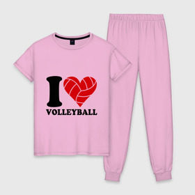 Женская пижама хлопок с принтом I love volleyball - Я люблю волейбол в Екатеринбурге, 100% хлопок | брюки и футболка прямого кроя, без карманов, на брюках мягкая резинка на поясе и по низу штанин | волейбол