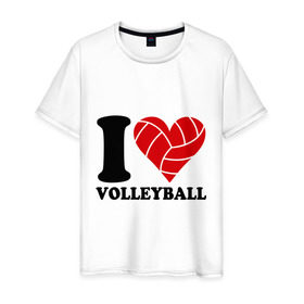 Мужская футболка хлопок с принтом I love volleyball - Я люблю волейбол в Екатеринбурге, 100% хлопок | прямой крой, круглый вырез горловины, длина до линии бедер, слегка спущенное плечо. | волейбол