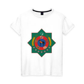 Женская футболка хлопок с принтом Туркмения герб в Екатеринбурге, 100% хлопок | прямой крой, круглый вырез горловины, длина до линии бедер, слегка спущенное плечо | герб | государство | символ | снг | страна | туркмения