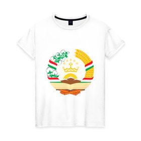 Женская футболка хлопок с принтом Таджикистан герб в Екатеринбурге, 100% хлопок | прямой крой, круглый вырез горловины, длина до линии бедер, слегка спущенное плечо | герб | государство | символ | снг | страна | таджикинстан