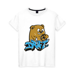 Женская футболка хлопок с принтом Drift bear в Екатеринбурге, 100% хлопок | прямой крой, круглый вырез горловины, длина до линии бедер, слегка спущенное плечо | auto | drift bear | авто | автомобильные | машины | медведь | тачки | тюнинг