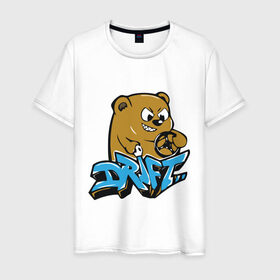 Мужская футболка хлопок с принтом Drift bear в Екатеринбурге, 100% хлопок | прямой крой, круглый вырез горловины, длина до линии бедер, слегка спущенное плечо. | auto | drift bear | авто | автомобильные | машины | медведь | тачки | тюнинг