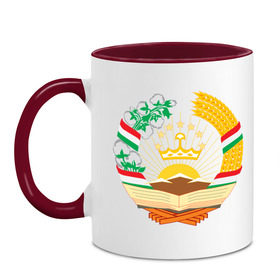 Кружка двухцветная с принтом Таджикистан герб в Екатеринбурге, керамика | объем — 330 мл, диаметр — 80 мм. Цветная ручка и кайма сверху, в некоторых цветах — вся внутренняя часть | политические | таджикистан герб | таджиксткий