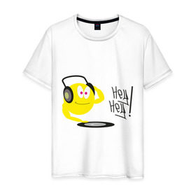 Мужская футболка хлопок с принтом Hey DJ! в Екатеринбурге, 100% хлопок | прямой крой, круглый вырез горловины, длина до линии бедер, слегка спущенное плечо. | deejay | hey | вертушки | диджей | пластинка | привет