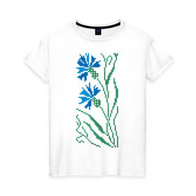 Женская футболка хлопок с принтом Василек-вышивка в Екатеринбурге, 100% хлопок | прямой крой, круглый вырез горловины, длина до линии бедер, слегка спущенное плечо | василек | вышивать | вышивка | крестик | крестиком | цветок | цветочки | цветы