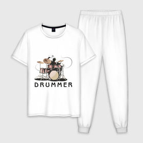 Мужская пижама хлопок с принтом Drummer в Екатеринбурге, 100% хлопок | брюки и футболка прямого кроя, без карманов, на брюках мягкая резинка на поясе и по низу штанин
 | drummer | барабанщик | барабаны | драммер | ударник | ударные