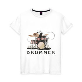 Женская футболка хлопок с принтом Drummer в Екатеринбурге, 100% хлопок | прямой крой, круглый вырез горловины, длина до линии бедер, слегка спущенное плечо | drummer | барабанщик | барабаны | драммер | ударник | ударные