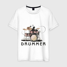 Мужская футболка хлопок с принтом Drummer в Екатеринбурге, 100% хлопок | прямой крой, круглый вырез горловины, длина до линии бедер, слегка спущенное плечо. | Тематика изображения на принте: drummer | барабанщик | барабаны | драммер | ударник | ударные