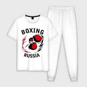 Мужская пижама хлопок с принтом Boxing russia forever в Екатеринбурге, 100% хлопок | брюки и футболка прямого кроя, без карманов, на брюках мягкая резинка на поясе и по низу штанин
 | 