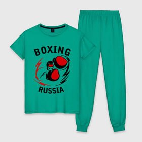 Женская пижама хлопок с принтом Boxing russia forever в Екатеринбурге, 100% хлопок | брюки и футболка прямого кроя, без карманов, на брюках мягкая резинка на поясе и по низу штанин | 