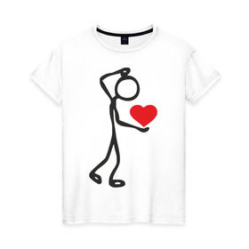 Женская футболка хлопок с принтом Человечек с сердцем (2) в Екатеринбурге, 100% хлопок | прямой крой, круглый вырез горловины, длина до линии бедер, слегка спущенное плечо | влюбленный | сердечко в руках | сердце | сердце в руках | человечек