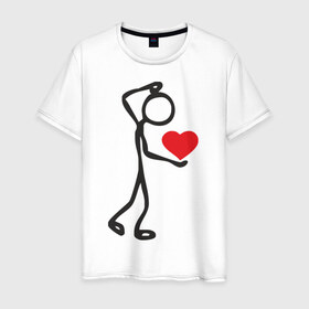 Мужская футболка хлопок с принтом Человечек с сердцем (2) в Екатеринбурге, 100% хлопок | прямой крой, круглый вырез горловины, длина до линии бедер, слегка спущенное плечо. | влюбленный | сердечко в руках | сердце | сердце в руках | человечек