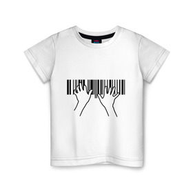 Детская футболка хлопок с принтом Фортепиано штрихкод в Екатеринбурге, 100% хлопок | круглый вырез горловины, полуприлегающий силуэт, длина до линии бедер | Тематика изображения на принте: пианино | руки | фортепиано | штрих код | штрихкод