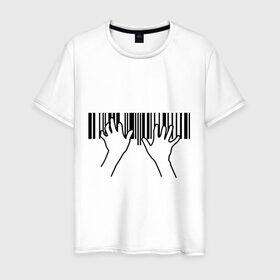 Мужская футболка хлопок с принтом Фортепиано штрихкод в Екатеринбурге, 100% хлопок | прямой крой, круглый вырез горловины, длина до линии бедер, слегка спущенное плечо. | пианино | руки | фортепиано | штрих код | штрихкод
