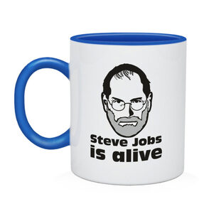 Кружка двухцветная с принтом Steve Jobs is alive (5) в Екатеринбурге, керамика | объем — 330 мл, диаметр — 80 мм. Цветная ручка и кайма сверху, в некоторых цветах — вся внутренняя часть | alive | apple | mac | steve jobs | жив | мак | стив джоббс | стив джобс | стив джопс | стивен джобс | эпл
