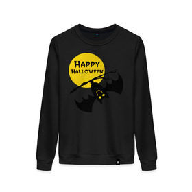Женский свитшот хлопок с принтом Летучая мышь и луна в Екатеринбурге, 100% хлопок | прямой крой, круглый вырез, на манжетах и по низу широкая трикотажная резинка  | halloveen | halloven | hallovin | halloween | haloween | halowen | he | hellovin | helloween | hellowen | hellowin | helowen | день святых | летучая мышь | халловин | халлуин | халовин | хелловин | хеллувин | хеллуин | хеловин | хэлловин | хэллоуин | хэлл
