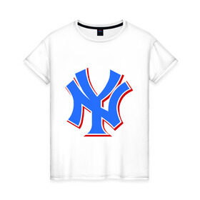 Женская футболка хлопок с принтом NY Yankees blue в Екатеринбурге, 100% хлопок | прямой крой, круглый вырез горловины, длина до линии бедер, слегка спущенное плечо | baseball | major league basebal | mlb | ny | staten island | yankees | америка | бейсбол | бита | главная лига бейсбола | нью йорк янкиз | статен айленд | сша | янки