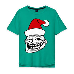 Мужская футболка хлопок Oversize с принтом Trollface в колпаке в Екатеринбурге, 100% хлопок | свободный крой, круглый ворот, “спинка” длиннее передней части | troll face | колпак | новогодний | новый год | рожа | тролл фейс | тролль | тролфейс | троль
