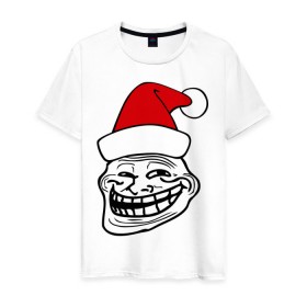 Мужская футболка хлопок с принтом Trollface в колпаке в Екатеринбурге, 100% хлопок | прямой крой, круглый вырез горловины, длина до линии бедер, слегка спущенное плечо. | troll face | колпак | новогодний | новый год | рожа | тролл фейс | тролль | тролфейс | троль