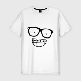 Мужская футболка премиум с принтом Ботаник в очках в Екатеринбурге, 92% хлопок, 8% лайкра | приталенный силуэт, круглый вырез ворота, длина до линии бедра, короткий рукав | ботаник | брекеты | брекиты | в очках | заучка | зубы | очкарик | очки | улыбаться | улыбка