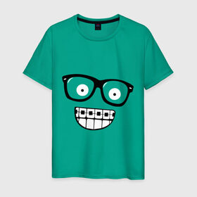 Мужская футболка хлопок с принтом Ботаник в очках в Екатеринбурге, 100% хлопок | прямой крой, круглый вырез горловины, длина до линии бедер, слегка спущенное плечо. | ботаник | брекеты | брекиты | в очках | заучка | зубы | очкарик | очки | улыбаться | улыбка