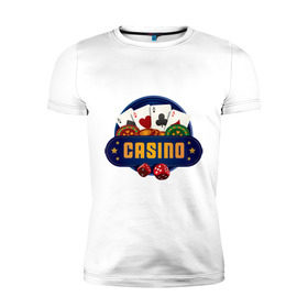 Мужская футболка премиум с принтом Casino - Казино в Екатеринбурге, 92% хлопок, 8% лайкра | приталенный силуэт, круглый вырез ворота, длина до линии бедра, короткий рукав | casino | азарт | азартные игры | блек джек | игра | игральные кости | казино | карты | колода | кубики | лас вегас | рулетка | фишки