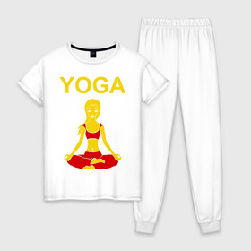 Женская пижама хлопок с принтом yoga в Екатеринбурге, 100% хлопок | брюки и футболка прямого кроя, без карманов, на брюках мягкая резинка на поясе и по низу штанин | yoga | девушка | здоровый образ жизни | зож | йога | кундалини | медитация | фитнес