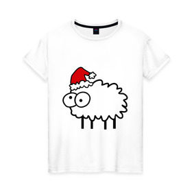 Женская футболка хлопок с принтом Новогодний бараш в Екатеринбурге, 100% хлопок | прямой крой, круглый вырез горловины, длина до линии бедер, слегка спущенное плечо | баран | бараш | бараш в шапке | барашек | новый год | овечка